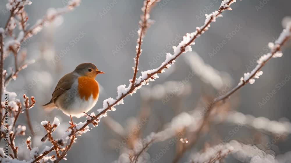Robin, a small songbird, is perched on a frosty winter bush, backlit and singing with steam coming out of its beak. Robin, a small songbird, is perched on a frosty winter bush, backlit and singing with steam coming out of its beak.