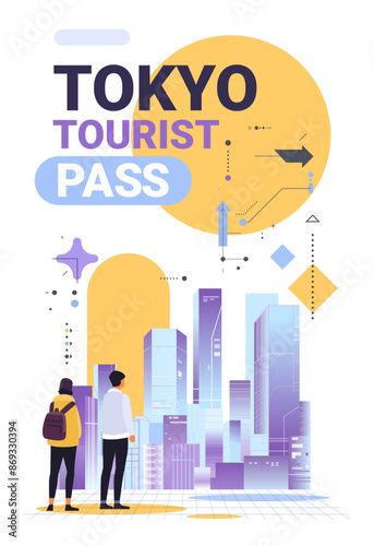 Canvas Print Tokyo city skyline with two tourists modern buildings abstract shapes yellow sun