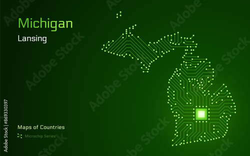 Michigan Map with a capital of Lansing Shown in a Microchip Pattern. Silicon valley, E-government. United States vector maps. Microchip Series