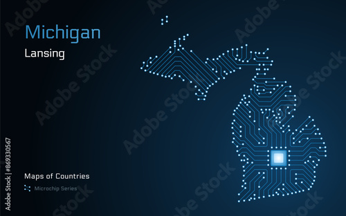Michigan Map with a capital of Lansing Shown in a Microchip Pattern. Silicon valley, E-government. United States vector maps. Microchip Series