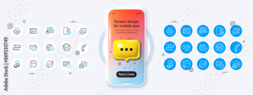 Phone mockup with 3d chat icon. Phone pay, World statistics and Survey progress line icons. Pack of Calendar, Bid offer, Augmented reality icon. Checkbox, Upload photo, Floor plan pictogram. Vector