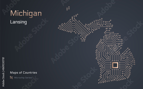 Michigan Map with a capital of Lansing Shown in a Microchip Pattern. Silicon valley, E-government. United States vector maps. Microchip Series