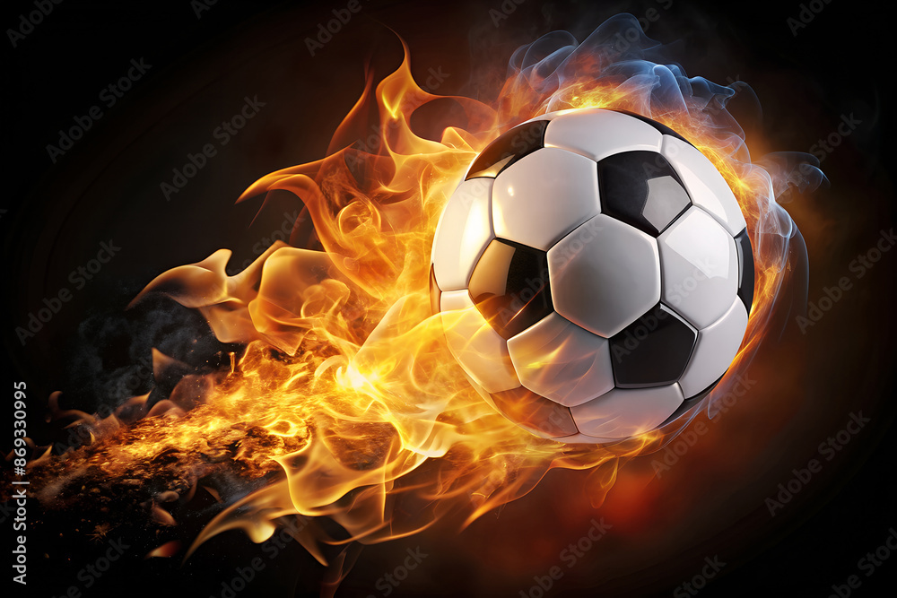 Fototapeta premium A soccer ball flies on fire against a dark background.