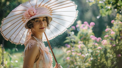 A woman in 1920s attire attending a jazz age garden party photo