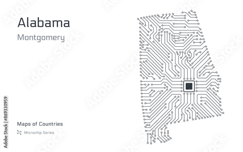 Alabama Map with a capital of Montgomery Shown in a Microchip Pattern. Silicon valley, E-government. United States vector maps. Microchip Series