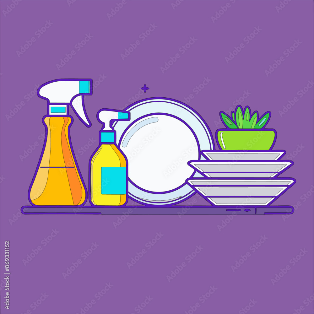 Several cleaning supplies are stored on a shelf in an organized manner Several cleaning supplies are stored on a shelf in an organized manner