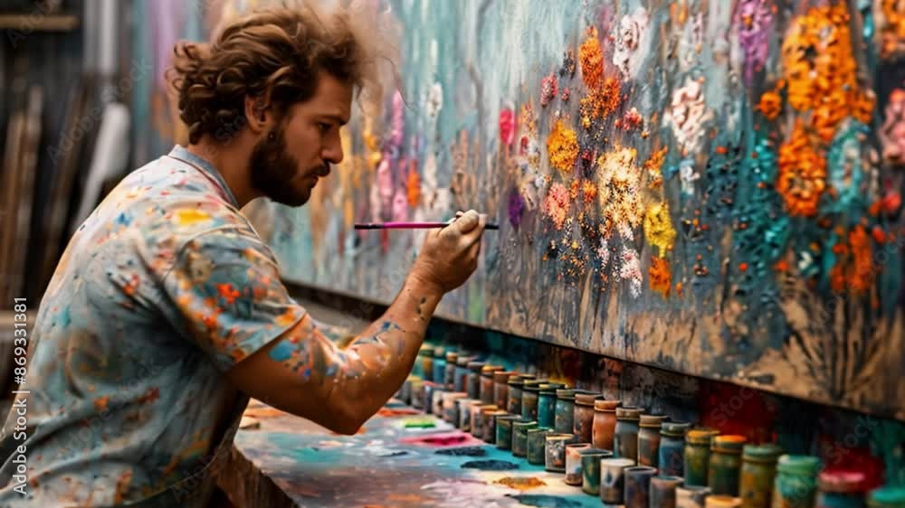 This Artist concentrating on a painting in a well-lit studio, surrounded by brushes and colors. This Artist concentrating on a painting in a well-lit studio, surrounded by brushes and colors.