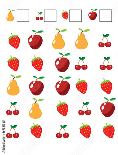 Count How Many Fruits and Berries Counting Exercise for Children. Educational materials for a preschooler child