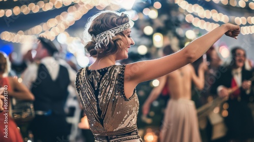 A woman in a vintage 1920s dress dancing at a Gatsby-themed party photo