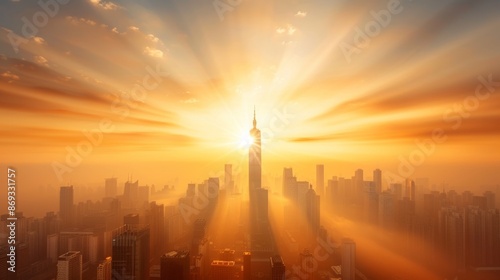 Urban Awakening: Majestic City Skyline at Dawn with Sun Rising Over Iconic Skyscrapers
