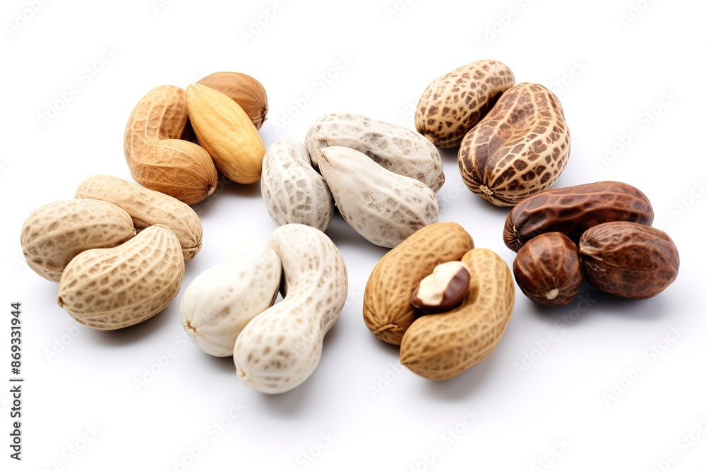 Flat lay of peanuts in nutshell, unpeeled and peeled peanuts isolated on white background. Top view. Flat lay of peanuts in nutshell, unpeeled and peeled peanuts isolated on white background. Top view.