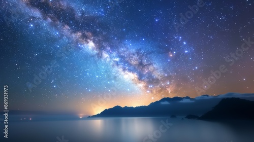 Celestial Beauty: Captivating Night Sky with Glowing Milky Way Starscape © Yotsaran