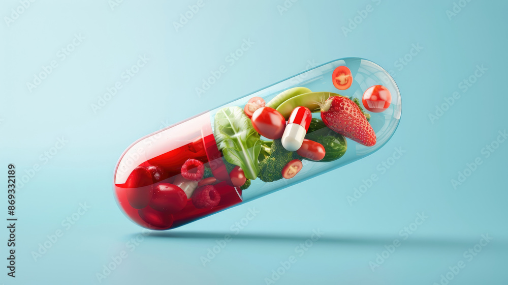 A red and clear capsule with various vegetables inside, floating in the air A red and clear capsule with various vegetables inside, floating in the air