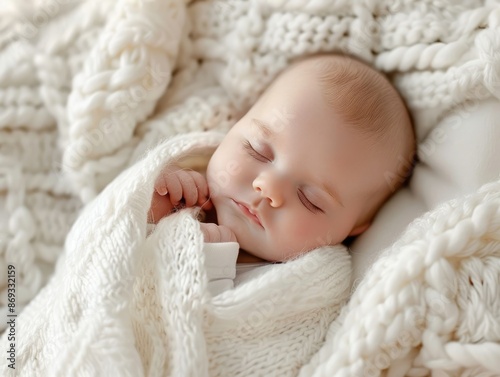 A peaceful baby sleeps soundly, wrapped in a soft white blanket, captured in a realistic close-up shot with gentle natural light, highlighting the serene innocence of a sleeping infant.