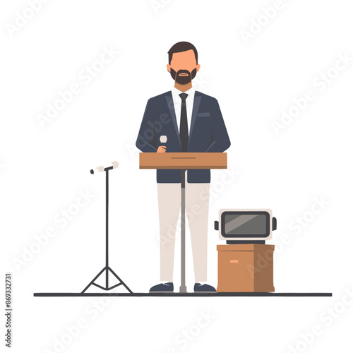 illustration features a male figure standing behind a podium with a microphone to the left and an old-fashioned television on a box to the right