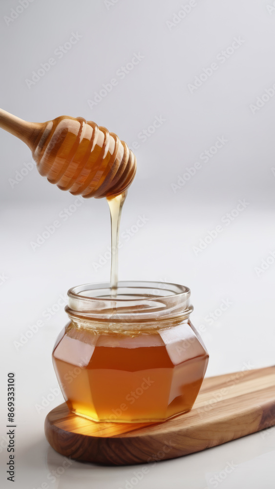 Honey Jar with Dipper on Kitchen Cutting Board: Natural Sweetness Honey Jar with Dipper on Kitchen Cutting Board: Natural Sweetness