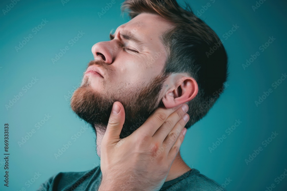Obraz premium A man's neck pain Man with hand touching painful part of neck.
