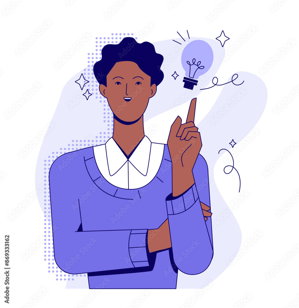 Business activity. Creative male entrepreneur brainstorming and generating new idea to launch successful startup. Strategy to achieve goals. Flat vector illustration isolated on white background