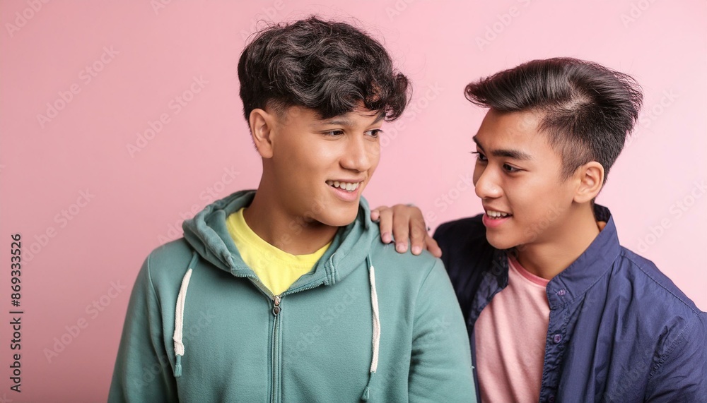 Mischievous student playing a prank on a friend. white background Mischievous student playing a prank on a friend. white background