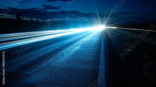 Vivid headlights from an oncoming car brightly illuminate the night highway, enhancing visibility