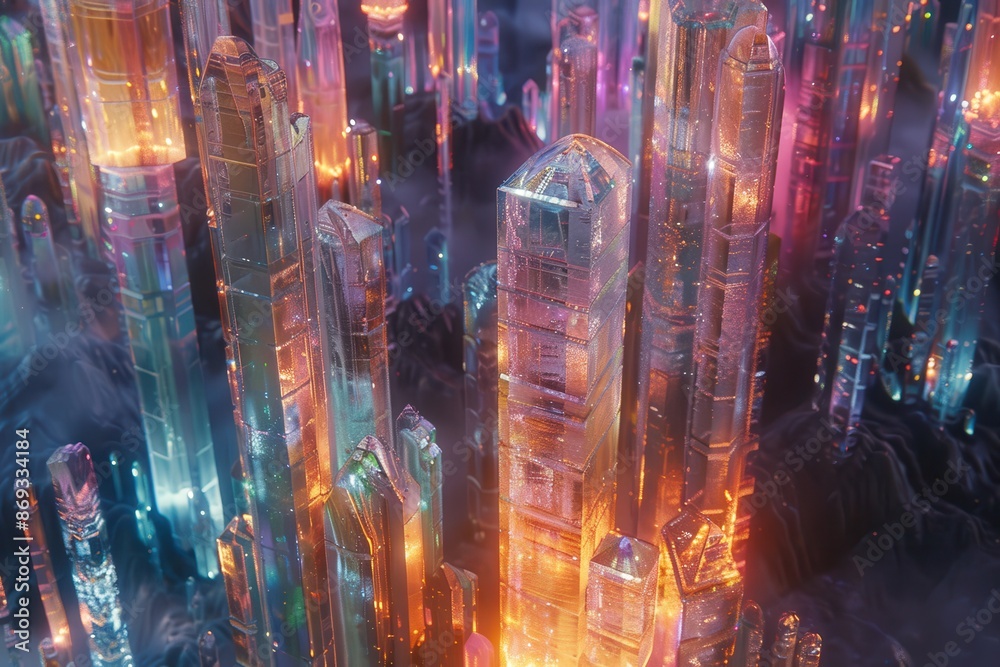 Crystal Cityscape, A Glowing Metropolis of Glass Crystal Cityscape, A Glowing Metropolis of Glass