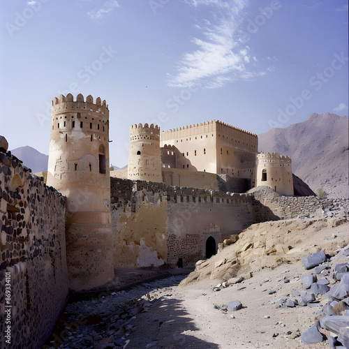 The imposing walls of an ancient mud brick fortress stand guard over a dry riverbed, with rugged mountains rising in the background