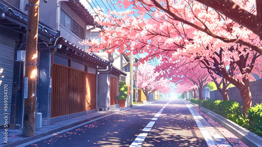 Cherry Blossom Streets landscape anime style Cherry Blossom Streets landscape anime style