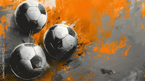 Abstract Soccer Balls on Orange and Gray Background.