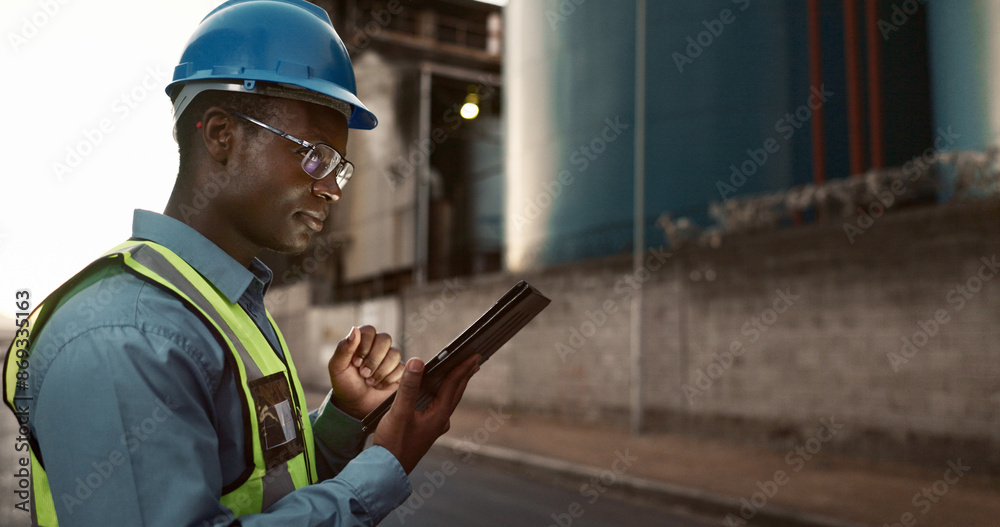 Construction, online and black man on tablet in city for planning, building and maintenance. Civil engineering, architecture and person on digital tech for project, infrastructure and manufacturing Construction, online and black man on tablet in city for planning, building and maintenance. Civil engineering, architecture and person on digital tech for project, infrastructure and manufacturing