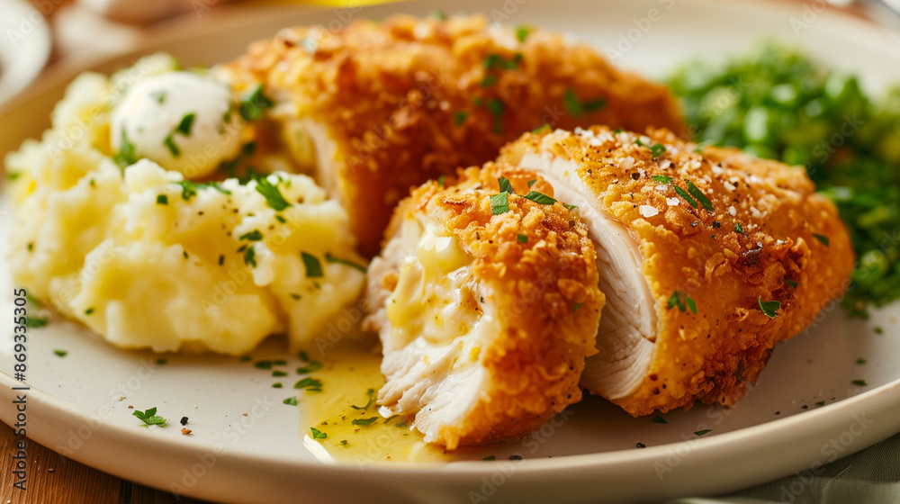 Close-up of a tasty looking Chicken Kiev with cheese and greens a classic Ukrainian dish on a plate with mashed potato and veggies restaurant serve Close-up of a tasty looking Chicken Kiev with cheese and greens a classic Ukrainian dish on a plate with mashed potato and veggies restaurant serve