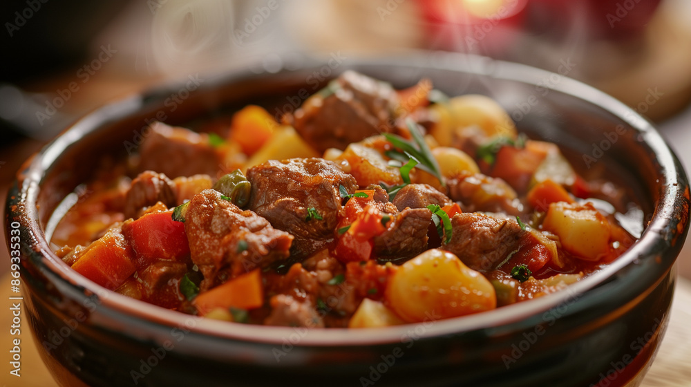 Close-up of a tasty looking a traditional Hungarian goulash dish on a plate with restaurant serve Close-up of a tasty looking a traditional Hungarian goulash dish on a plate with restaurant serve