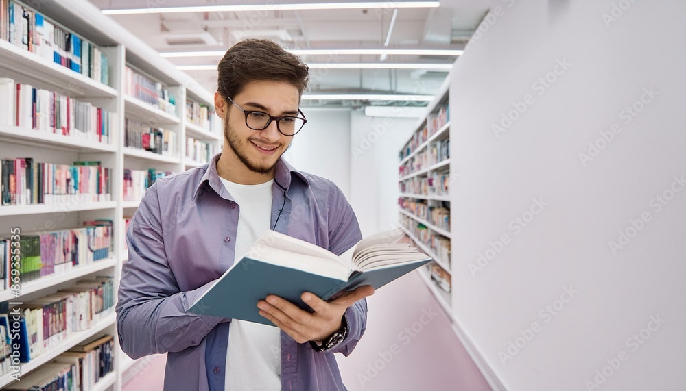 Inquisitive student reading a book in the library. white background.