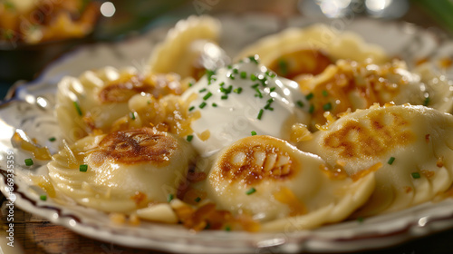 Close-up of a tasty looking traditional Eastern European pierogi with sour cream on a plate with restaurant serve photo