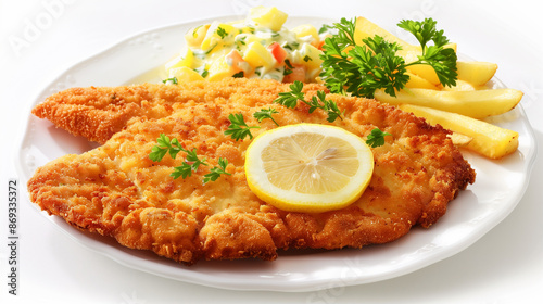 Close-up of a tasty looking a popular traditional German schnitzel with lemon and potato on a plate with restaurant serve