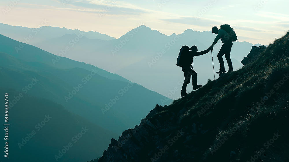 Fototapeta premium wide horizontal motivation banner with supportive mountain hikers, giving helping hands and pull other to take up 