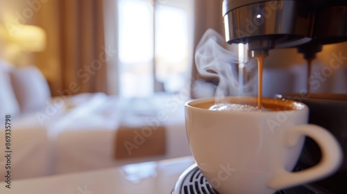 A cup of coffee being brewed in a small, single-serve hotel room coffee maker. photo