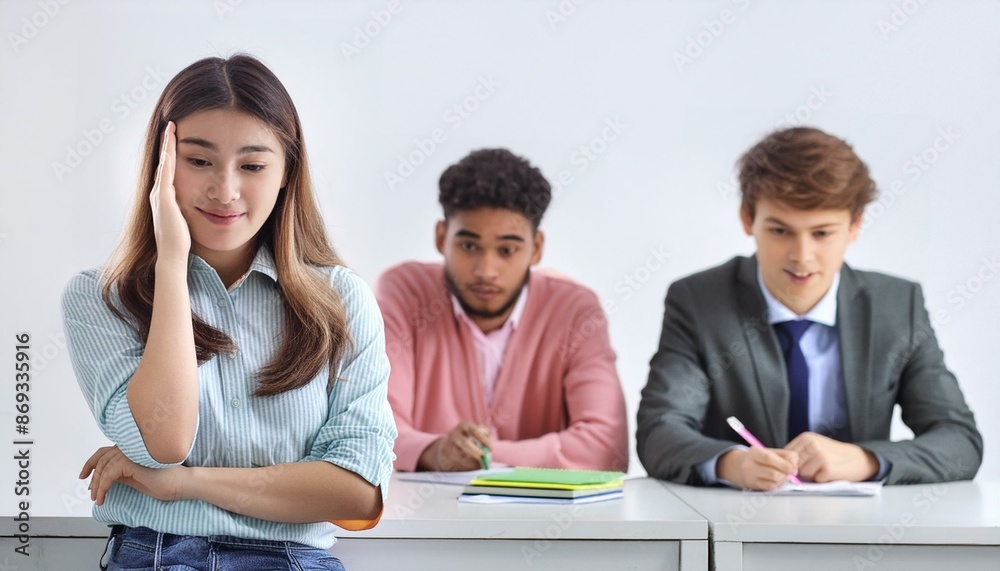 Embarrassed student making a mistake in front of peers. white background. Embarrassed student making a mistake in front of peers. white background.