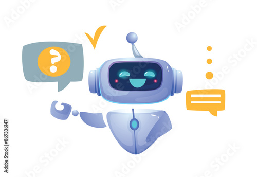 Virtual assistant. AI or customer support service robot answers user questions and solves problems in online chat. Neural network or bot. Cartoon vector illustration isolated on white background
