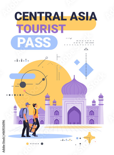 Tourists walking near Central Asian mosque modern abstract design travel theme colorful elements