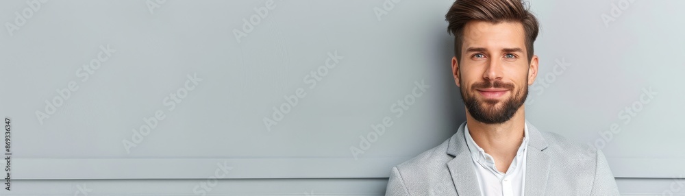 Obraz premium A man with a beard and a white shirt is standing in front of a gray wall