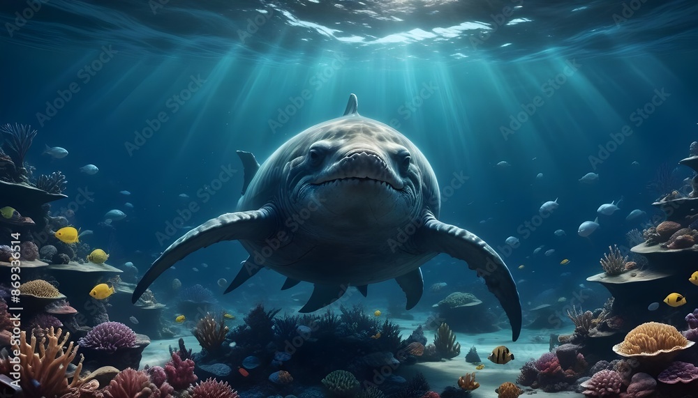 Fototapeta premium Beneath the surface of the ocean lies wild shark is swimming