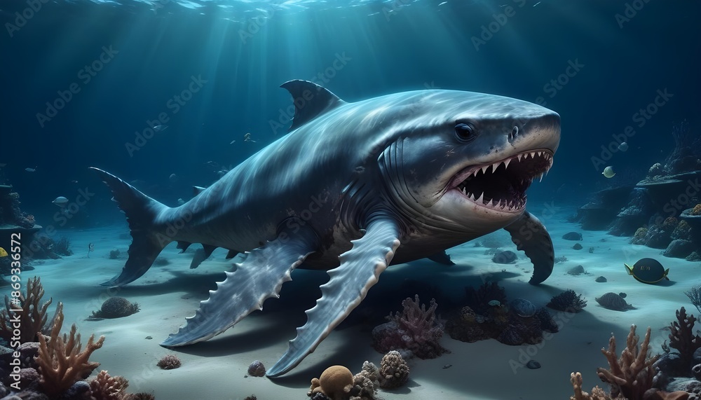 Obraz premium Beneath the surface of the ocean lies wild shark is swimming