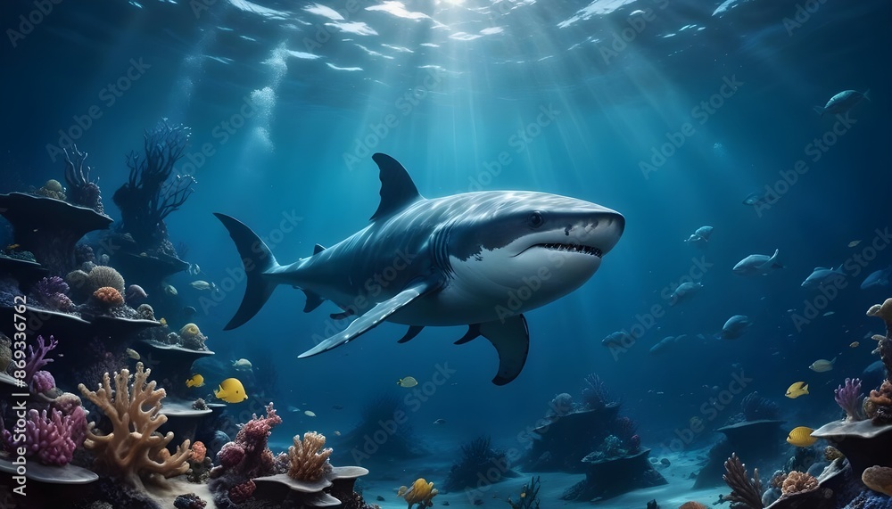 Obraz premium Beneath the surface of the ocean lies wild shark is swimming
