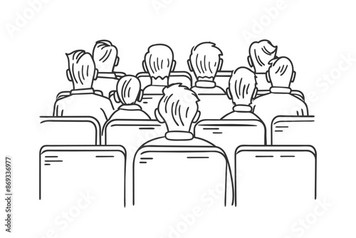 Audience spectators back, doodle line drawing. Group people sitting in hall. Listener student. Vector minimalist