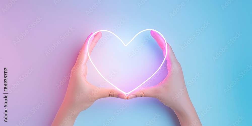 two hand holding a glowing love shape on bright blue and pink blur bokeh background two hand holding a glowing love shape on bright blue and pink blur bokeh background