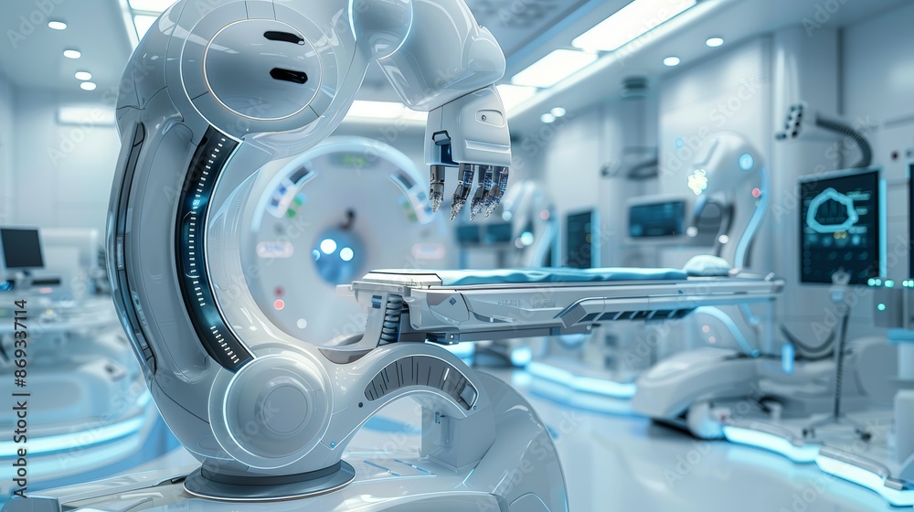 A futuristic operating room with advanced medical technology and robotic equipment. A futuristic operating room with advanced medical technology and robotic equipment.