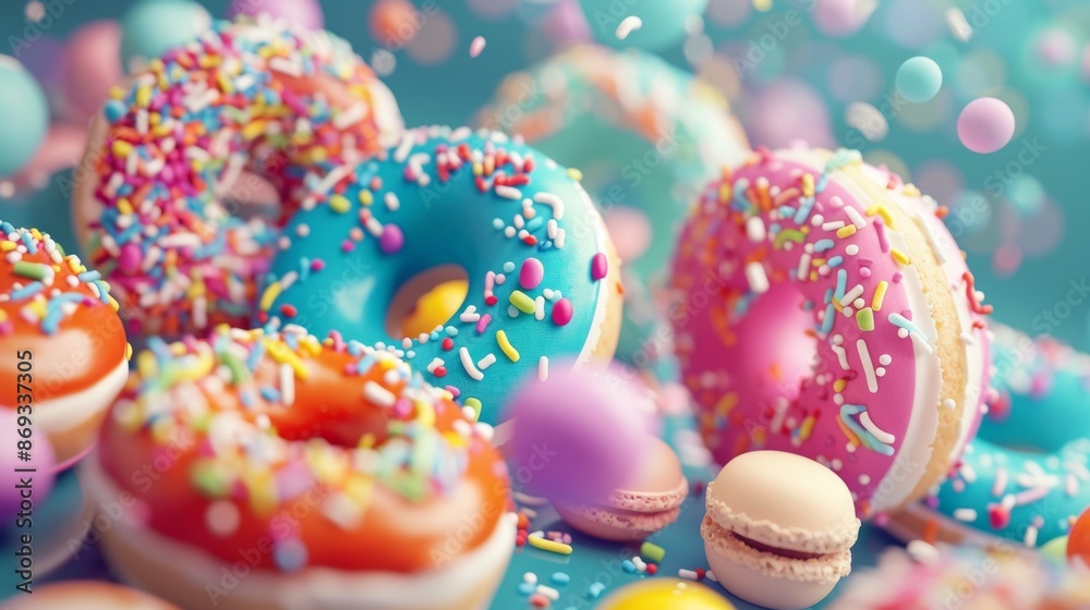 Colorful donuts with sprinkles and macarons Colorful donuts with sprinkles and macarons