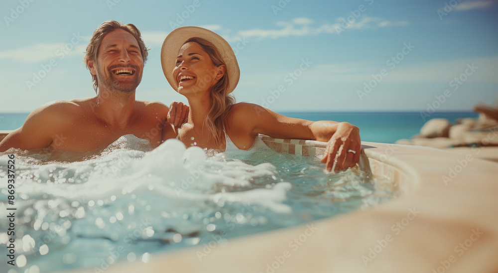 A middle-aged couple in swimwear smiles and relaxes together in a hot tub with ocean views in the background. The sunny day and clear blue skycheerful and tranquil atmosphere, joy and companionship. A middle-aged couple in swimwear smiles and relaxes together in a hot tub with ocean views in the background. The sunny day and clear blue skycheerful and tranquil atmosphere, joy and companionship.