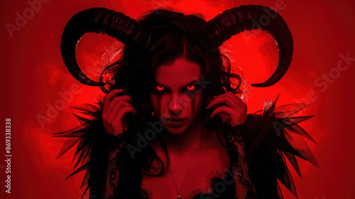 A beautiful woman with black horns posing on a red background