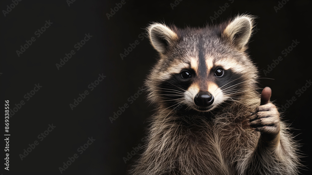 A cute raccoon with two thumbs up against a dark background A cute raccoon with two thumbs up against a dark background